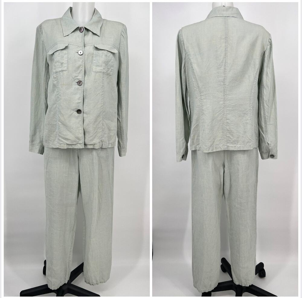 Vtg Y2K Nordstrom 100% Linen Pant Suit Large Button Top Size 6 Pants Light Green